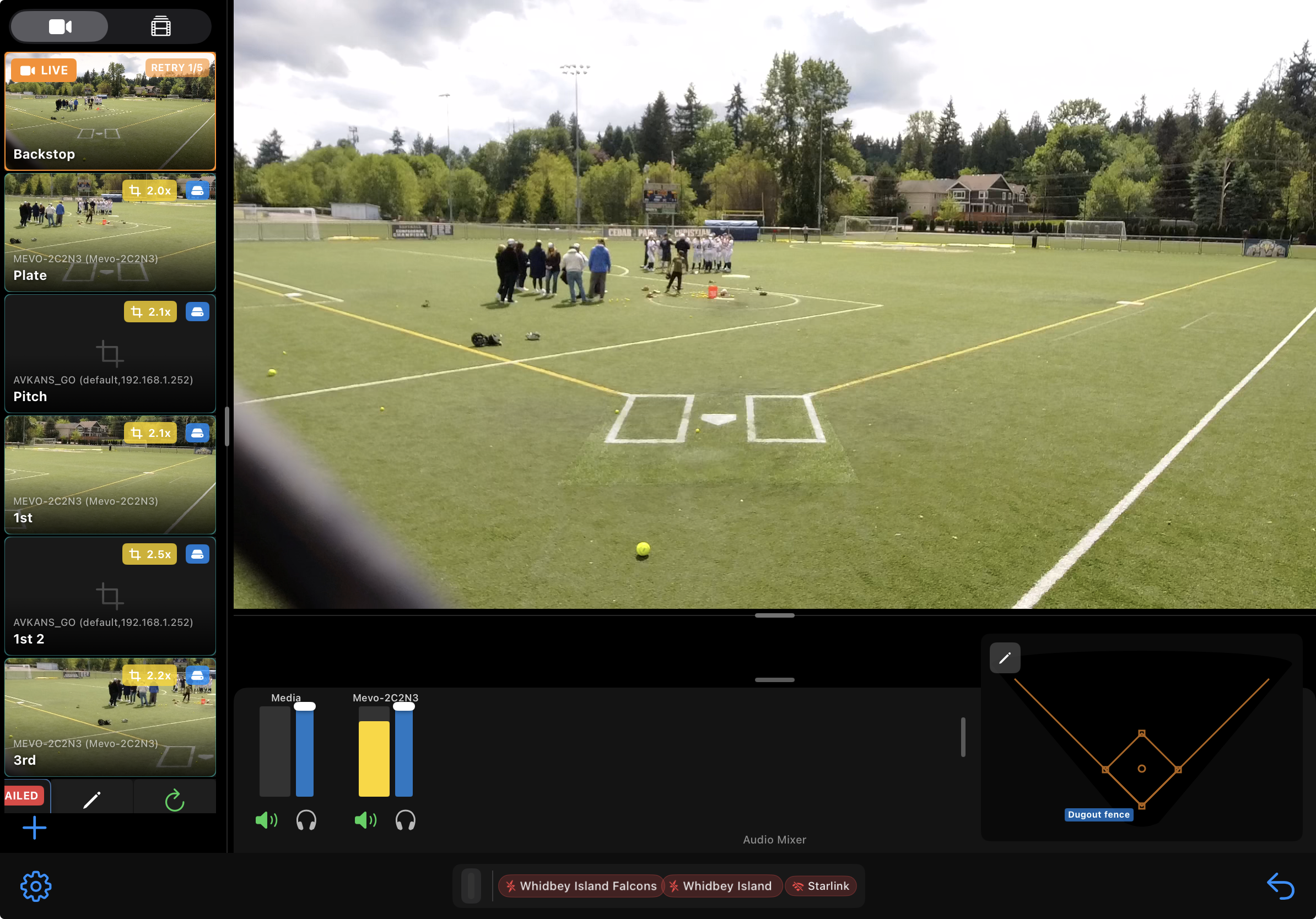 Fanatical Live Switcher running on iPad — multi-camera live softball broadcast with audio mixer and field-of-view diagram
